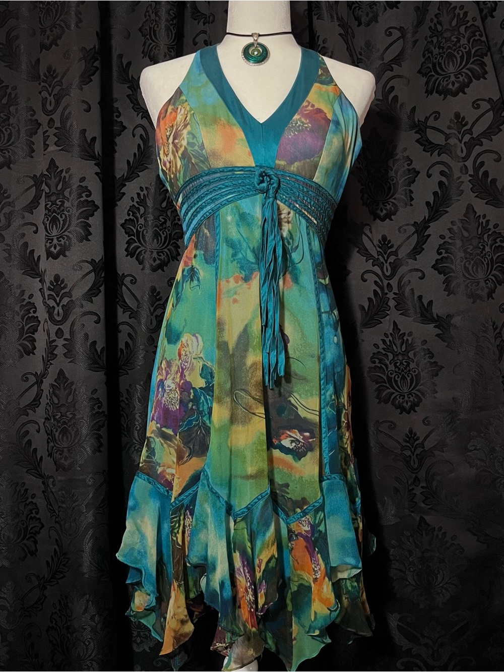 Sue Wong Teal and Green Floral Halter Midi Dress